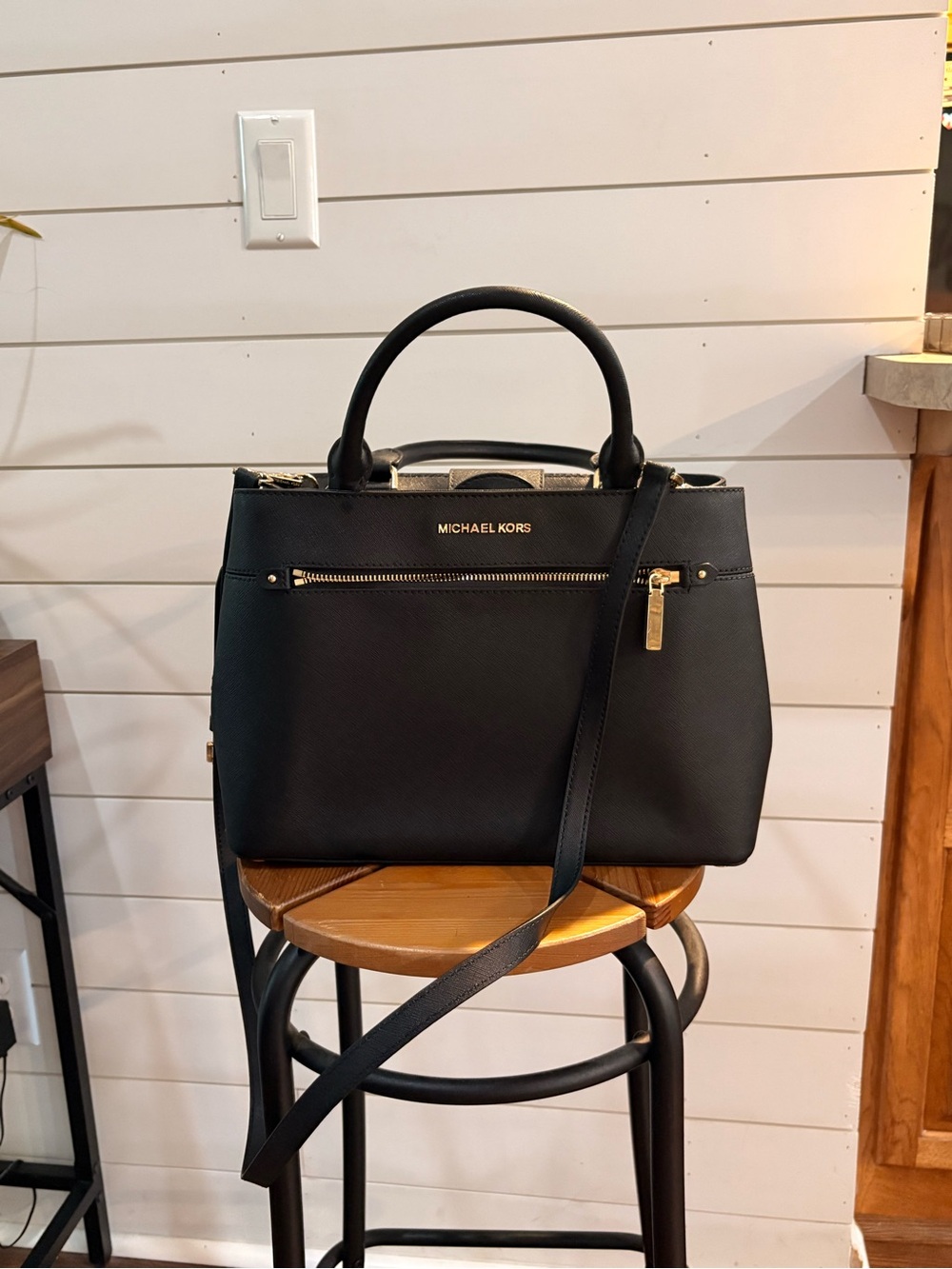 Michael Kors Black Saffiano Leather Satchel with Gold Hardware
